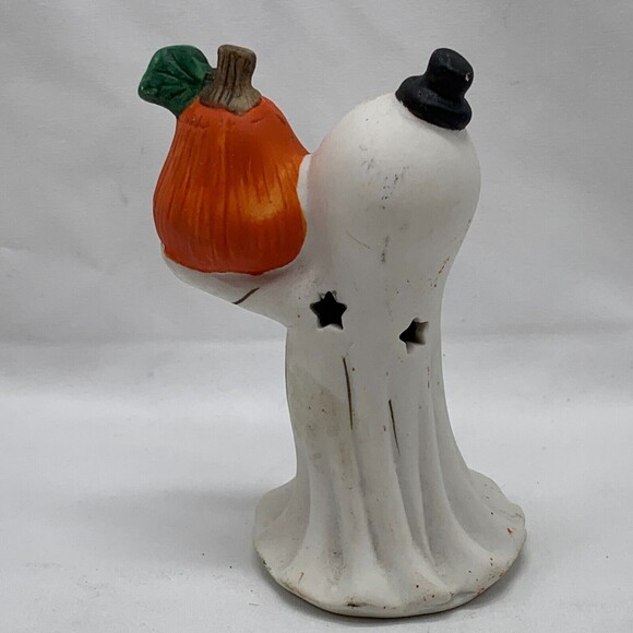Halloween Ghost Figurine Holding a Pumpkin Seasonal Decor Autumn Ceramic - Picture 2 of 4